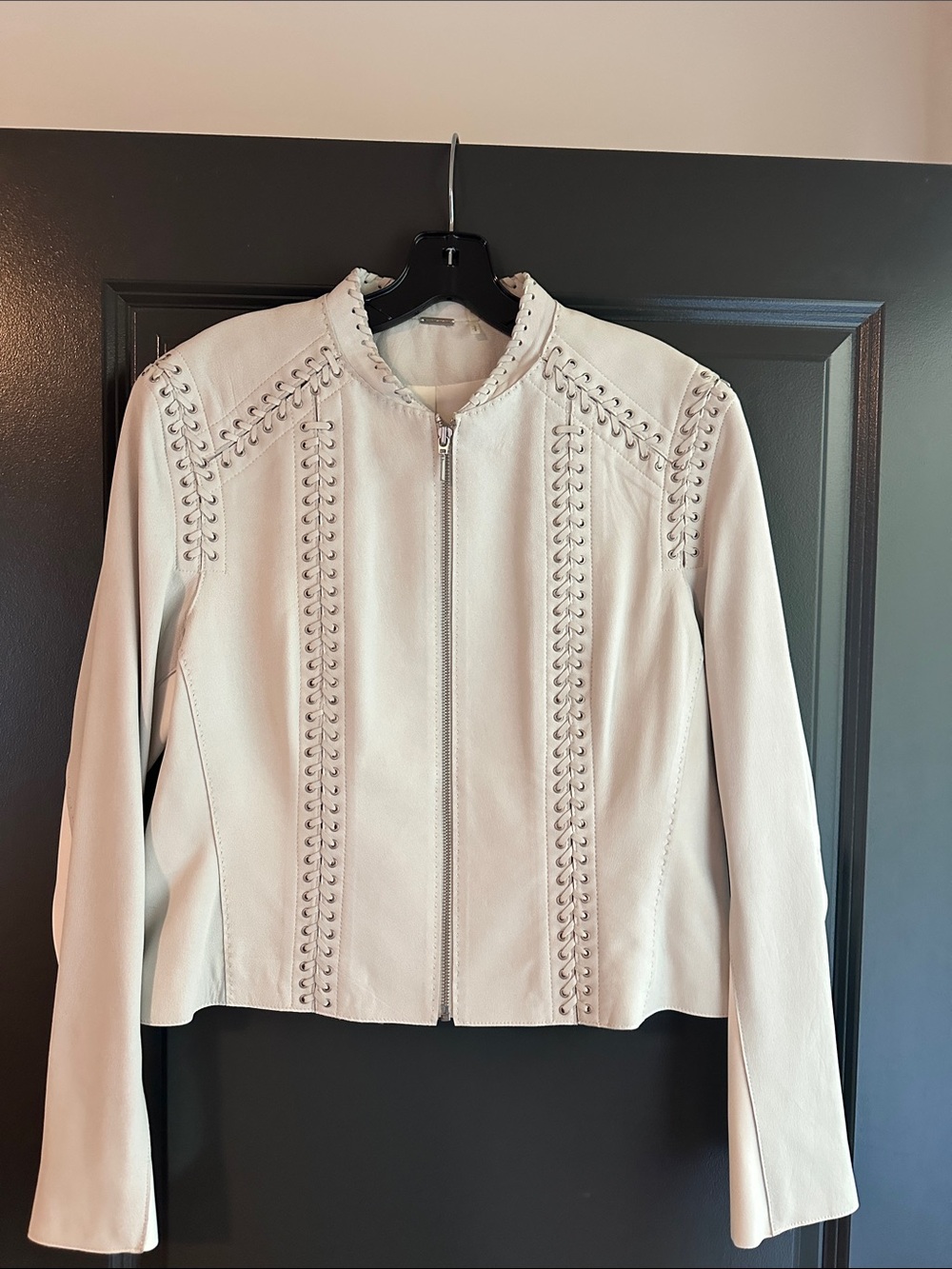 Women’s  Zip-Front Leather Jacket with Braided Trim